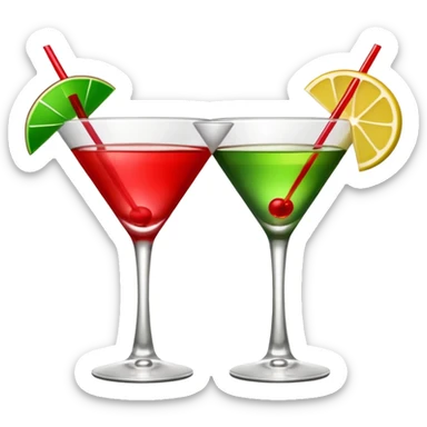 two realistic glasses of cocktail in emoji style, one is red color and one is green, martini glass shape, no straw, no fruit, no ice sticker