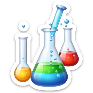 An icon featuring a chemical flask, bubbling with liquid, and an atomic structure, symbolizing chemistry. The design includes molecules, a periodic table, and laboratory equipment, representing the study of chemical reactions and elements. Transparent background highlights scientific research. sticker