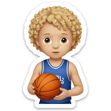 a white baby with curly dirty blonde hair with a basketball. his shirt says cooke elementary  sticker