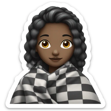 a black hair girl in a black and grey checkered blanket sticker