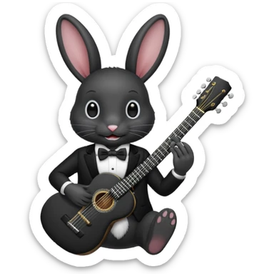 A black rabbit with white teeth and white eyes with a black bowtie holding a black guitar sticker