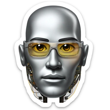 Male cyborg head with metallic plated face, flat top, rectangular glasses and circuits sticker