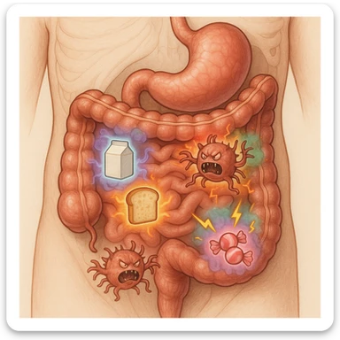 Anatomical section of the human torso focusing on stomach and intestines. Inside the digestive tract, stylized parasitic organisms react aggressively to foods like dairy, gluten, and sugars, highlighted with colors or glows. The parasites appear agitated or inflamed, releasing symbolic toxins or inflammatory signals such as colored gas or lightning lines. Medical illustrative style. sticker