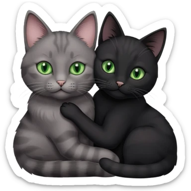 1 grey cat with pastal green eyes and 1 black with green eyes cat cuddling sticker