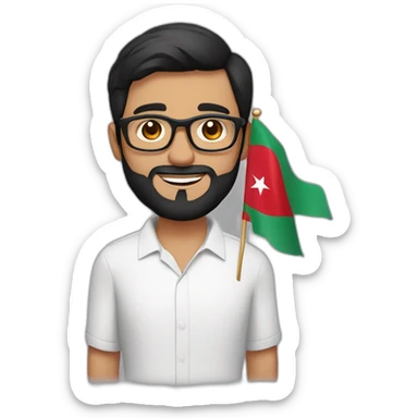 Short black hair and beard, dark brown eyes white skin man with glasses holding Moroccan flag sticker