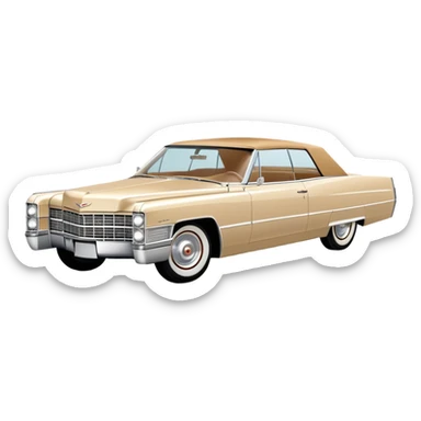 Geometric beige 1966 Cadillac DeVille, reduced to simple shapes, minimalist 30-degree view, basic forms only, Once Upon a Hollywood inspired, iOS emoji style sticker