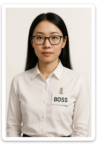 Asian female character wearing glasses, white shirt with boss's work tag, minimal background, clean and professional look sticker