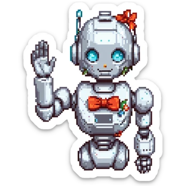 shoulders-up portrait of a cute female recruiter robot, 8-bit pixel art style, metallic, talking, one hand in the air, with a bow accessory sticker