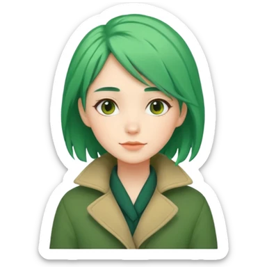Girl with green hair wearing warm winter coat with a relaxed posture and friendly face sticker