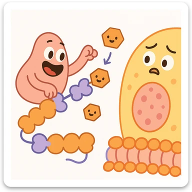 Ultra-detailed illustration of enzyme digestion: amylase breaking starch into sugars near a cell membrane. Clean white background, no text. Scientific but simple sticker