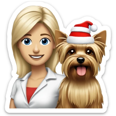 blonde woman blue eyes Yorkshire terrier wearing red santa hat standing with George Clooney  sticker