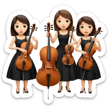 Create an imagine of three brunette women playing string instruments in black dresses, the first is playing a cello, the second is playing a viola and the third is playing the violin sticker