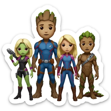 guardians of galaxy rocket groot gamora, but groot gamora has blonde hair  sticker