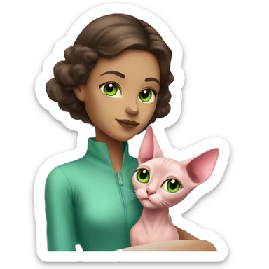 A brunette girl with blue eyes cuddles a pink sphinx cat with green eyes sticker
