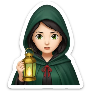 traitor tv show, dark haired woman wearing dark green cloak with hood up who looks very evil, is holding up a lantern, and looking down sticker