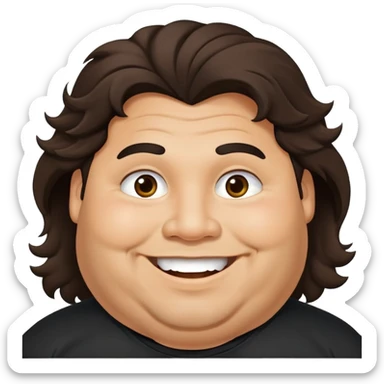 Hombre obeso latino piel canela, cara redonda-ancha, scruff sin barba completa, cejas gruesas, pelo oscuro ondulado flat largo hasta el cuello. Sonrisa amplia, expresión alegre. Camisa negra. Size large.  sticker