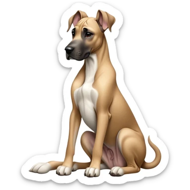 cinematic-[fawn great dane]-realistic-full-body-sitting-emoji,-tail-resting-loosely-beside-its-paws,-head-tilted-dramatically, ears drooped, -sleek-[fawn]-fur,-simplified-yet-realistic-focused-features,-highly-detailed,-glowing-with-an-almost-sarcastic-glow sticker