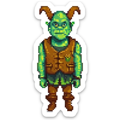 Shrek as a pixel art ogre, green skin, big ears, brown vest, simple background sticker