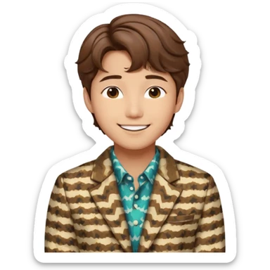 Design a Korean male idol with wavy brown hair, patterned jacket & cheerful smile, inspired by V of BTS. sticker