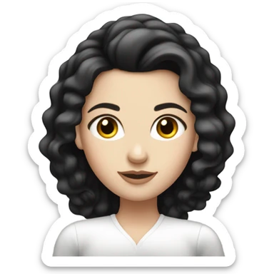 A white girl with long black bouncy hair and a elegant white top sticker