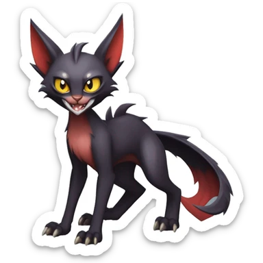 Black cool vampiric Noivern-Litten-Lykoi-Caracal-Fakemon with big bat ears and big fangs full-body sticker