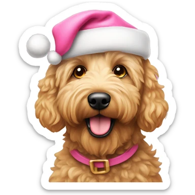 Golden doodle wearing pink Santa hat sticker