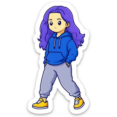 female with slim hourglass shaped body, purple long hair, wearing a blue sweater, dark blue sweatpants, and black sneakers, full body view sticker