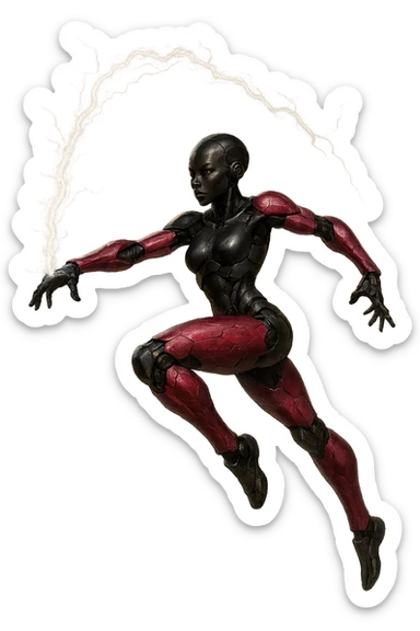 slim, powerful black female robot with small ear pieces, pink hexagonal arms and legs, leaping forward with a lightning whip, energetic, realistic dynamic pose, no border, transparent background, realistic art style sticker