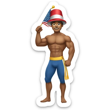Create a full-body emoji of a muscular man, wearing a New Year's hat and holding a flag. sticker