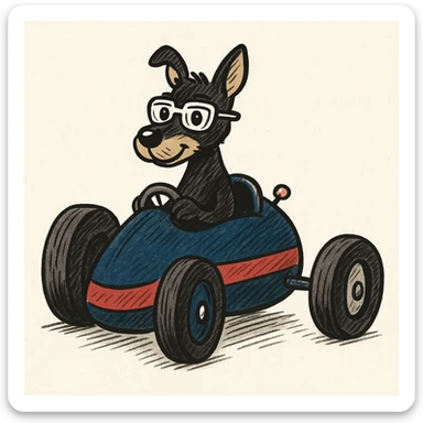 Change the racecar to dark blue and red, keep the black and tan terrier driving. The style is hand drawn doodle style. sticker