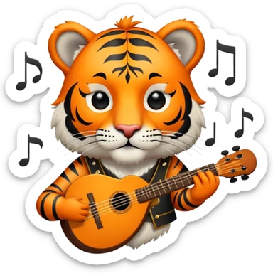 bard tiger face with lute and musical notes for Twitch emote sticker