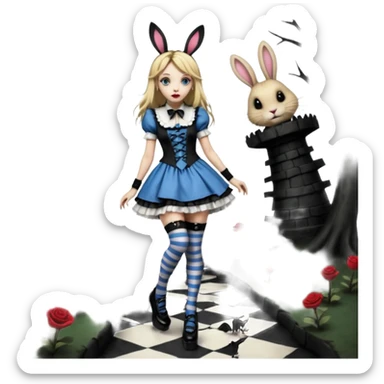  3d rendering,  ultra detailed, Alice in wonderland modern style in a punk gothic victorian style short dress, stripped knee high socks, gothic platform heels, long blonde hair, eyeliner, red lipstick, falling through rabbit hole,  transparent background
 sticker