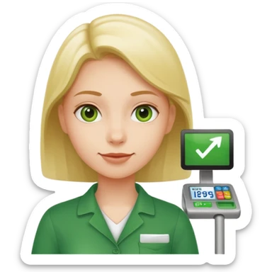 Eine Person die an der Supermarktkasse steht. Die Kasse ist gekennzeichnet als "Plauderkasse" und im grünen Design. sticker