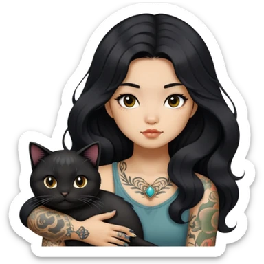 a Chinese girl with long black  Big Wave hair and tattoos and a black round faced cat  sticker