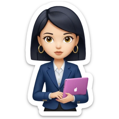 a pretty bratz girl with straight black short hair wearing a dark blue blazer and carrying a laptop. gold small hoops sticker