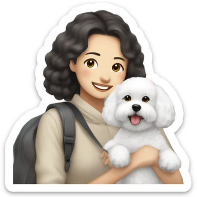 A cute and happy rounded ears bichon frise with a Asian woman at the airport  sticker