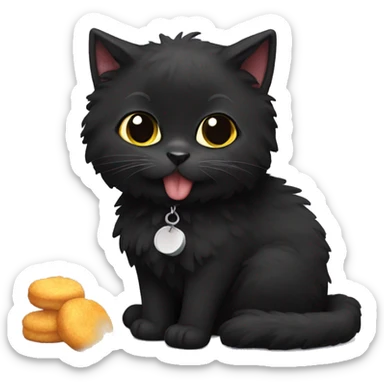 Black fluffy cat eating chicken nuggets sticker