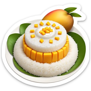 cinematic-realistic-mango-sticky-rice-dessert-emoji,-showcasing-sweet-sticky-rice out of a mould-paired-with-ripe-mango-slices-and-coconut-milk-rendered-with-lifelike-detail-and-warm,-inviting-lighting with the coconut  milk over the rice sticker