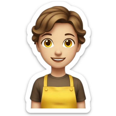 girl with brown hair, smiling, in a yellow apron sticker