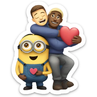 men hugging a minion with hearts around them  sticker