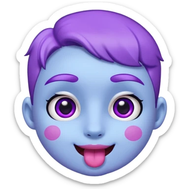 
de color azul claro brillante con manchas orgánicas en tonos morado y violeta.El rostro es expresivo y kawaii, con ojos grandes y brillantes, cejas pequeñas y una sonrisa abierta con lengua rosada. Estilo moderno, limpio y tierno, ideal como emoji, sticker o mascota digital.
 sticker