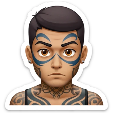 man with bold face tattoos, serious expression sticker