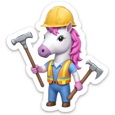 construction worker unicorn wearing a hard hat and holding a hammer, emoji style sticker