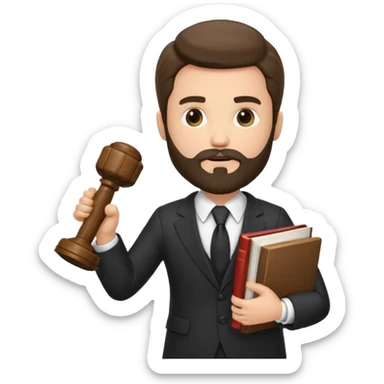 Create a male lawyer. he is wearing a fromal suit jckeret. He is holding a gavel in one hand and a book tucked under his another arm. He has beard. And the hair is kinda darker but not black sticker