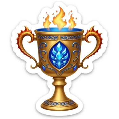 The Goblet of Fire is a large, ornate cup made of burnished gold with intricate carvings and handles shaped like fiery dragons. It's enchanted to select the champions for the Triwizard Tournament by emitting blue flames and magically presenting their name sticker