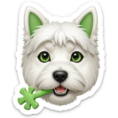 a west highland terrier dog with a green bone treat in its mouth  sticker