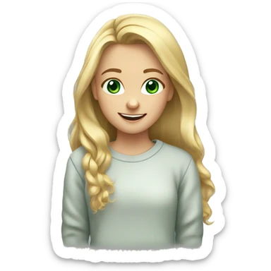 girl, long blondehair, smile, green eyes, sweatshirt sticker