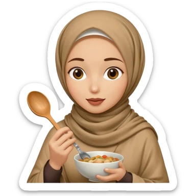 a woman wearing a pashmina hijab is eating while holding a spoon sticker