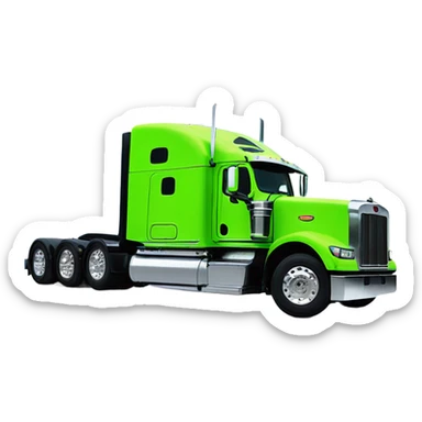 neon green peterbilt semi truck lowered on the ground with large chrome wheels and chrome smoke stacks profile view sticker