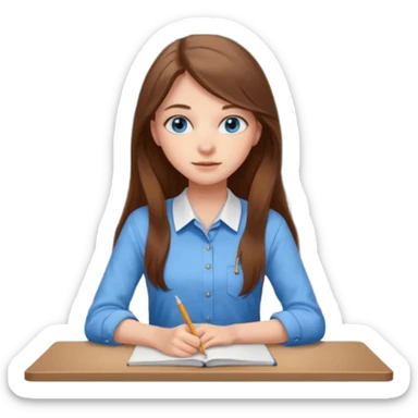 high school class room with a pretty female high school student with long brown hair, blue eyes sitting in front of the blackboard sticker